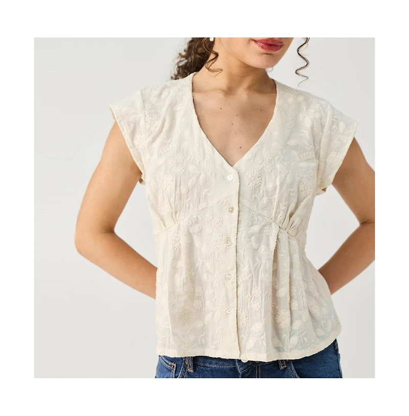Reistor Women's Cream Embroidered Deep V-Neck Top