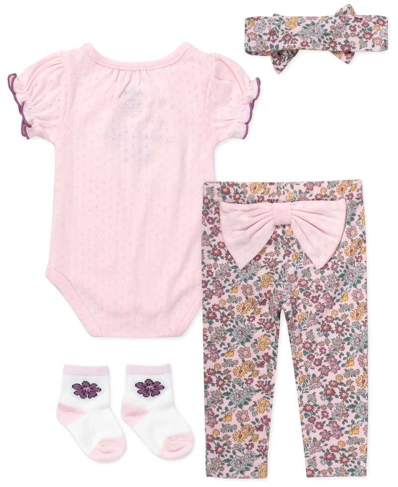 Baby Essentials Girls' Short-Sleeve Bodysuit, Socks, Headband and Leggings