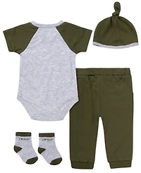 Baby Essentials Boys' Short-Sleeve Bodysuit, Hat, Socks and Pants, 4-Piece Set