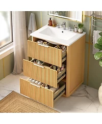 Sillysis 24 Inch Modern Bathroom Vanity with Ceramic Sink, Solid Wood Mdf Cabinet, Fluted Drawers for Small Spaces