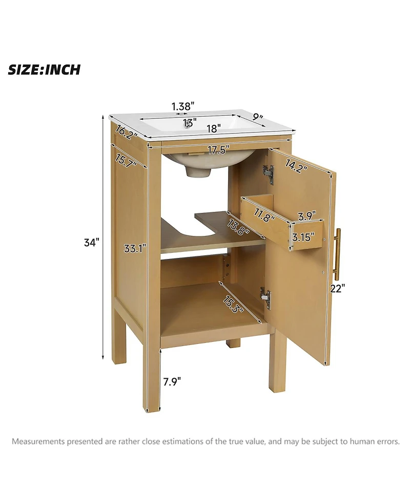 Sillysis 18 Inch Bathroom Vanity with Sink, Solid Wood Mdf Cabinet, Adjustable Shelf, Soft Close Door for Small Spaces