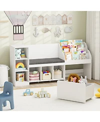 Gymax Wooden Kids Bookshelf with Reading Nook Padded Seat Open Cubes Adjustable Shelf