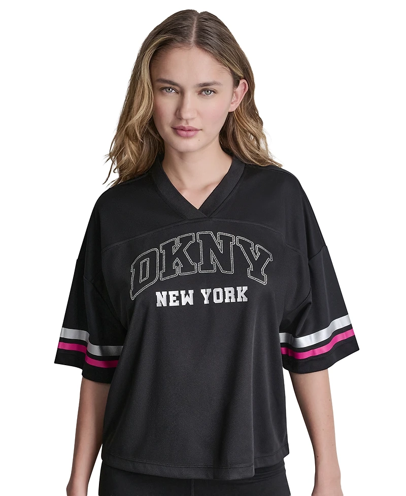 Dkny Sport Women's Varsity Rhinestone V-Neck Sports Jersey