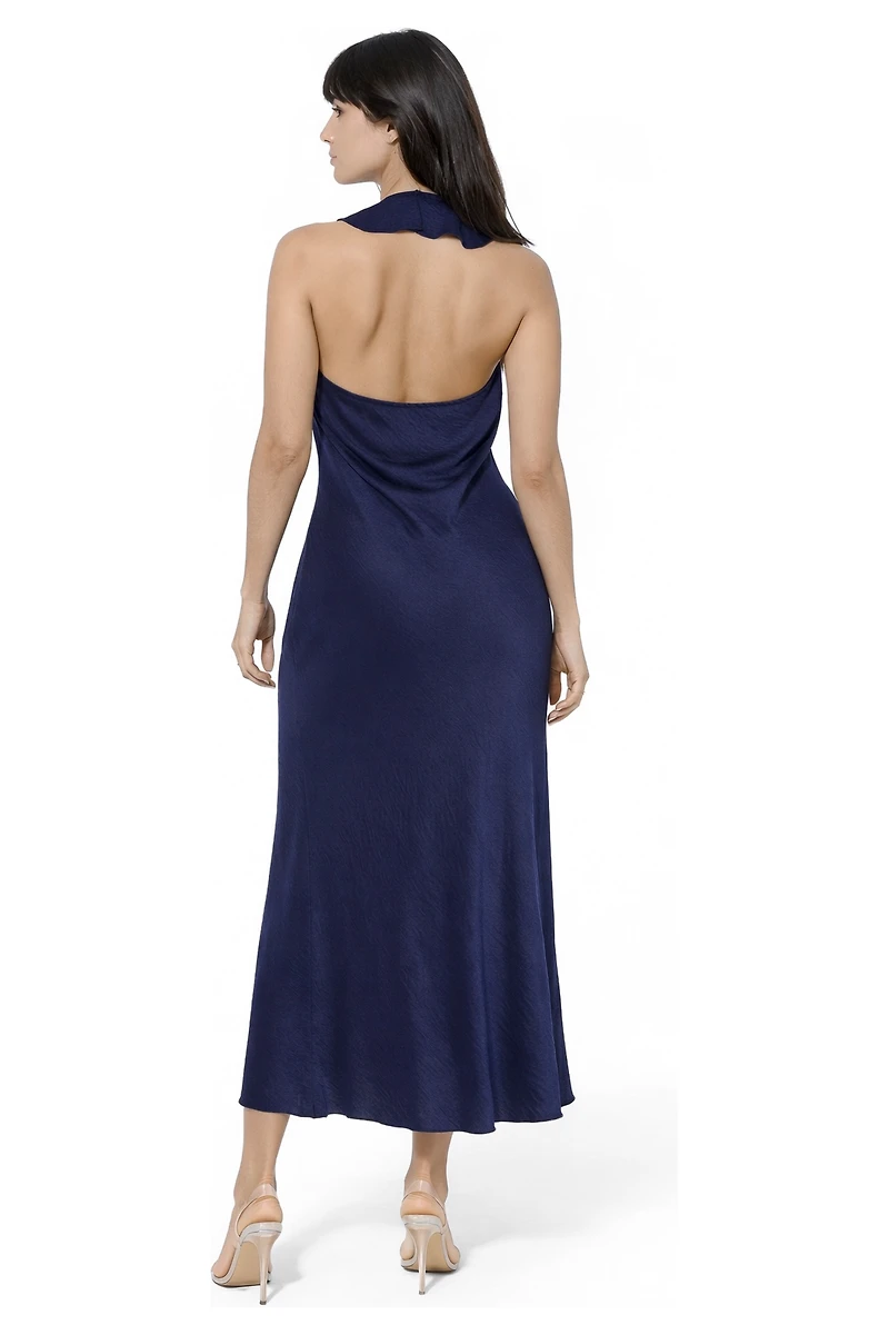 Bebe Women's Crushed Satin Ruffle Halter Maxi Dress