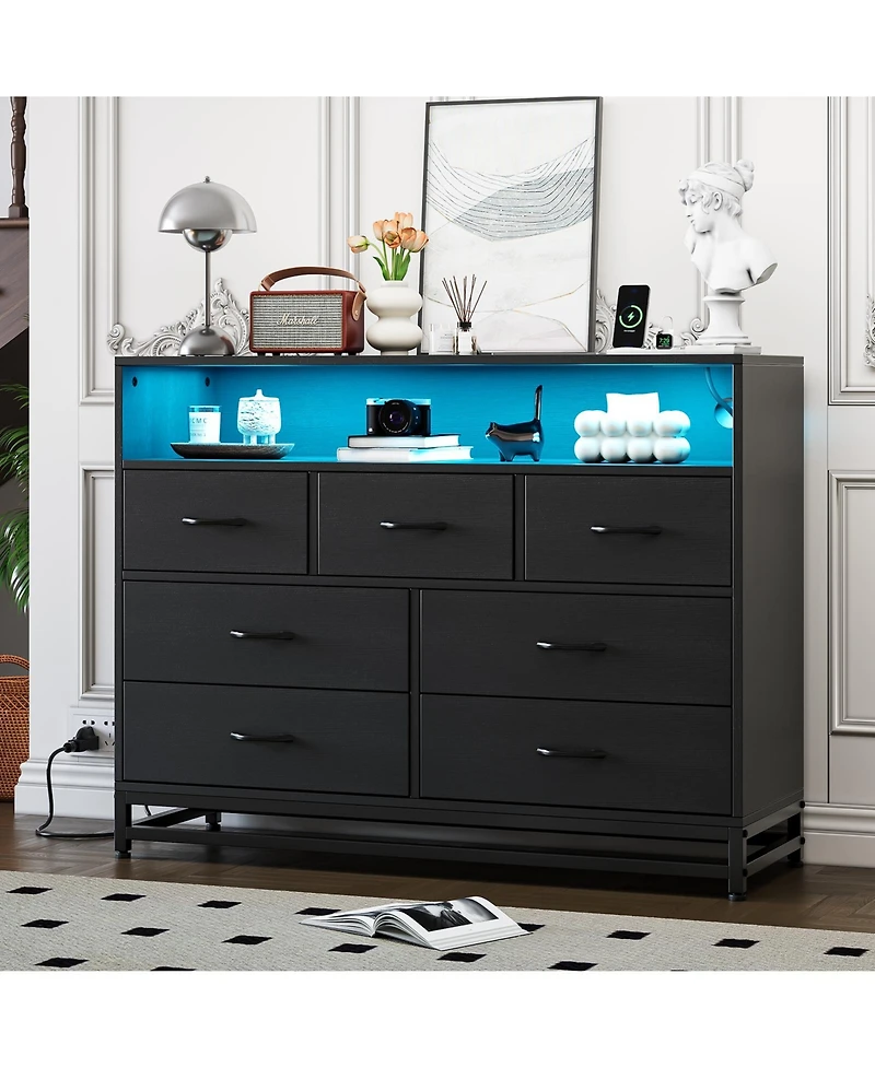 homfan Modern 7-Drawer Dresser with Charging Station and Led Lights - Wide Long Wooden Chest for Bedroom, Living Room, Hallway Storage Cabinet
