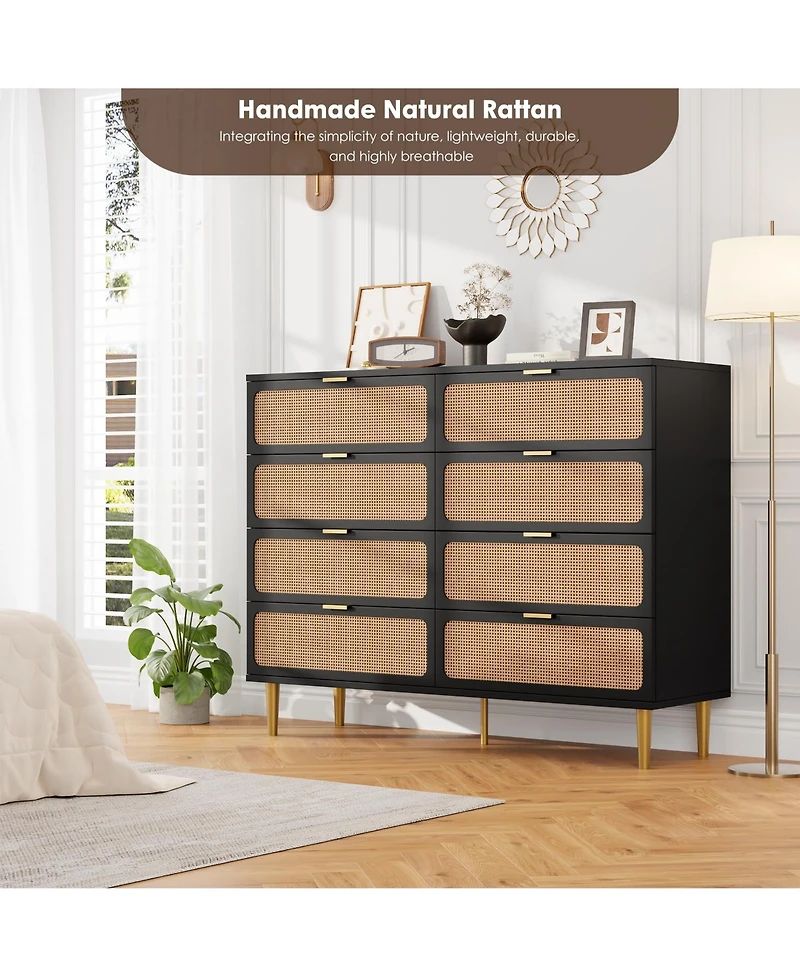 homfan Rattan 8-Drawer Tall Dresser, Large Wooden Storage Chest with Deep Drawers and Wide Top for Multi-Room Use