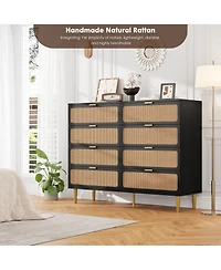 homfan Rattan 8-Drawer Tall Dresser, Large Wooden Storage Chest with Deep Drawers and Wide Top for Multi-Room Use