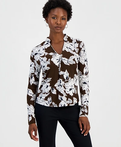 I.n.c. International Concepts Petite Floral Long-Sleeve Blouse, Created for Macy's