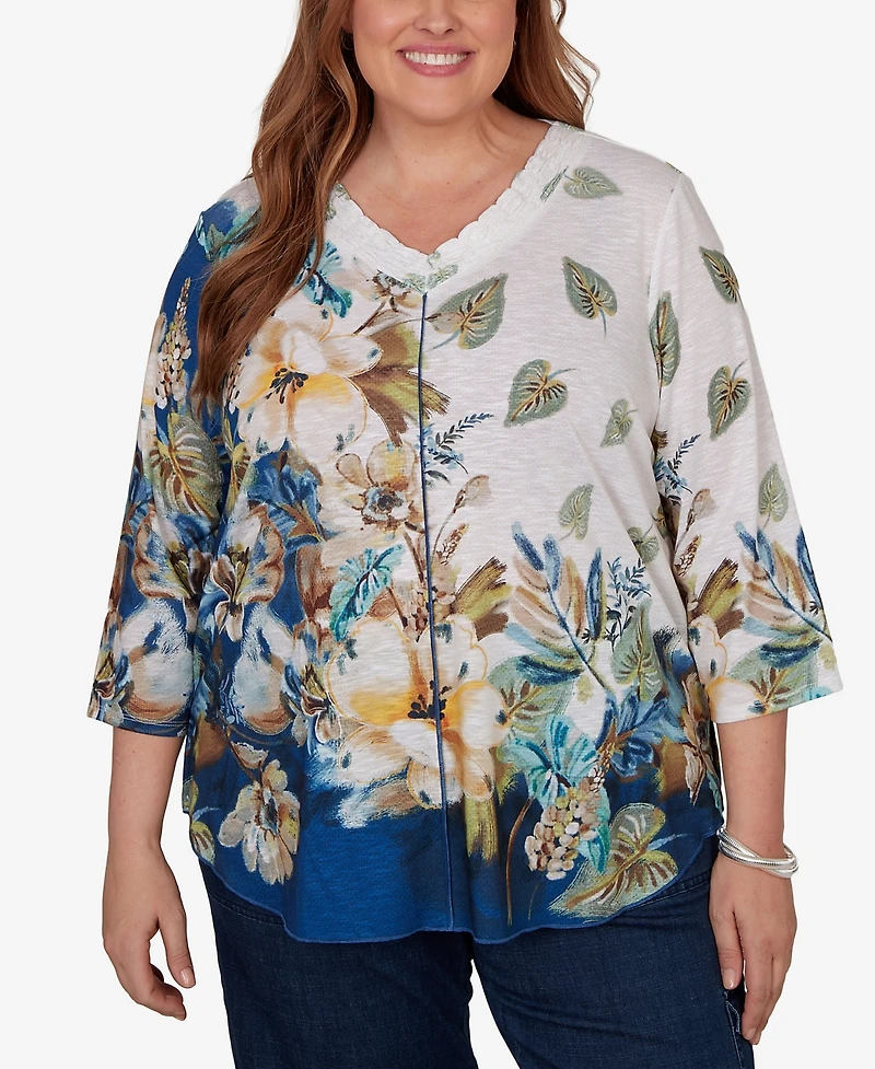 Alfred Dunner Plus Indigo Girls Placed Texture Floral Knit Top