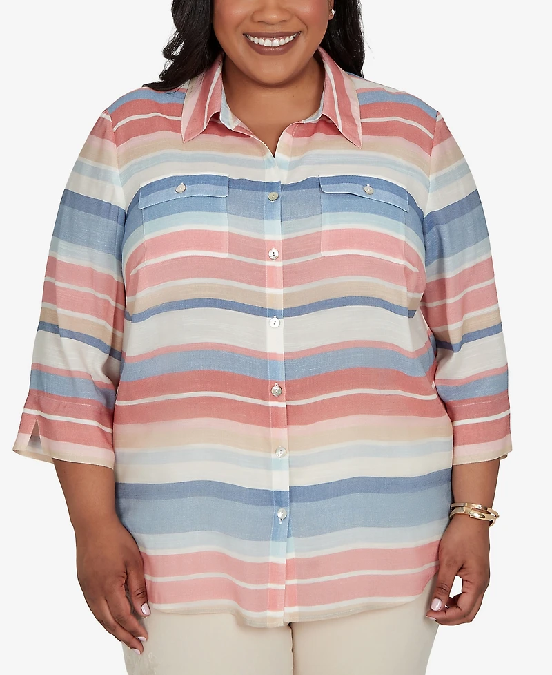 Alfred Dunner Plus Camden Market Colorful Stripes Button Front Top