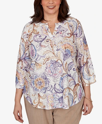 Alfred Dunner Plus Grand Bazaar Jacobean Floral Split Neck Top