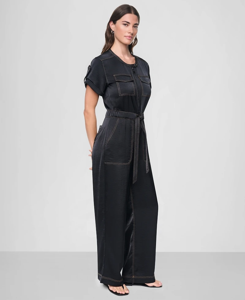 Dkny Women's Short-Sleeve Contrast Stitch Straight Jumpsuit