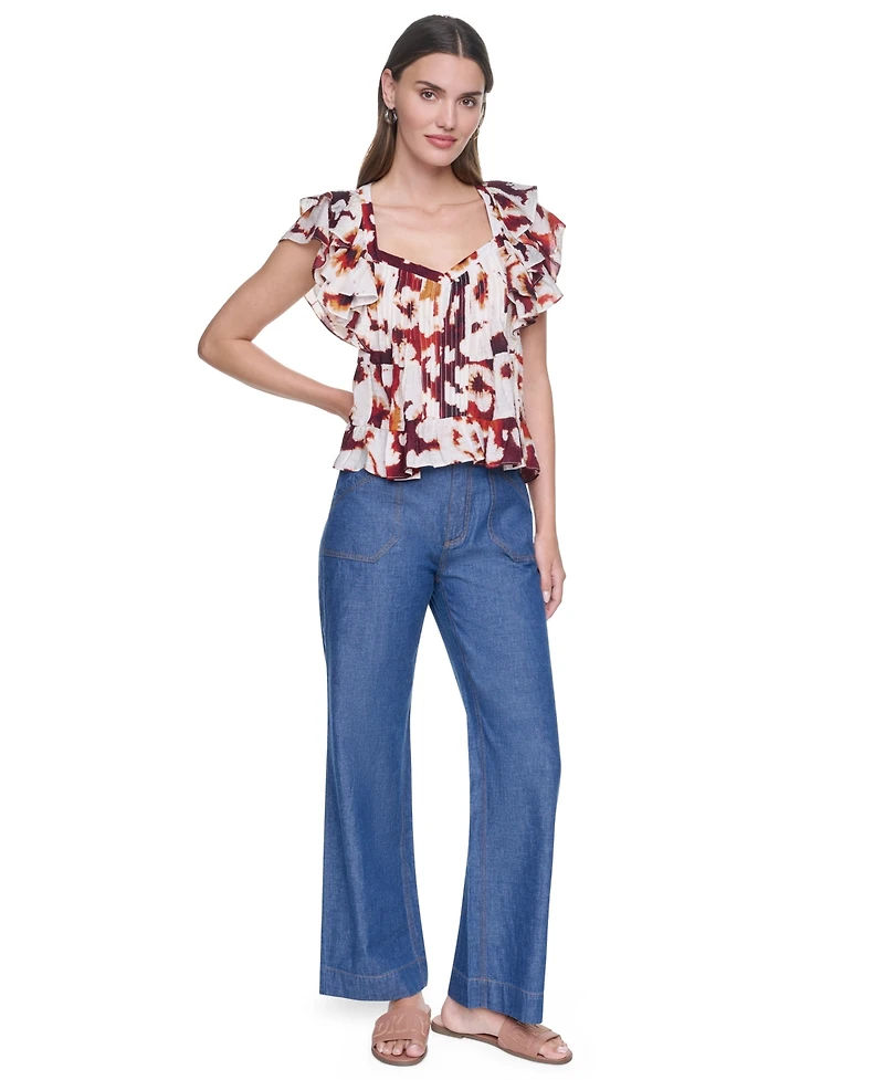 Dkny Women's Printed Flutter-Sleeve Pleated Blouse