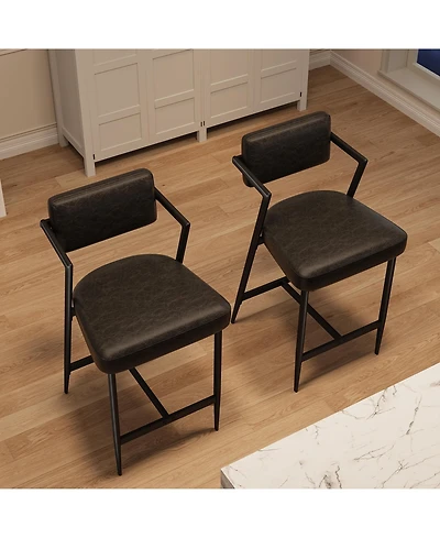 homfan 2 Pcs Modern Counter Height Bar Stools, Pu Leather Design with High Backrest, Armrests and Thick Cushion, Metal Frame for Kitchen Island