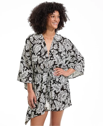 Lands' End Women's Cotton Tie Front Kimono Cover Up