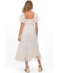 Pinkblush Maternity CreamTulle Puff Sleeve Smocked Midi Dress