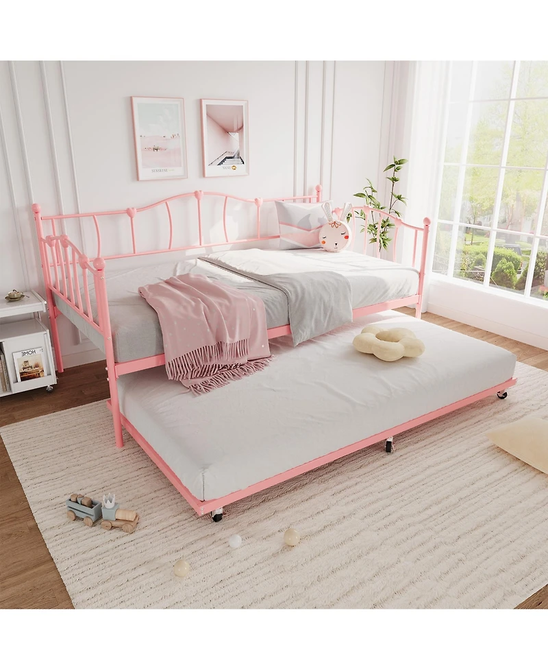 homfan Metal Daybed with Trundle, Twin Day Bed with Heart Design Headboard, Steel Slat Support, No Box Spring Needed