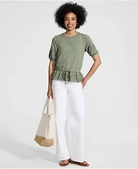Lands' End Women's Elbow Sleeve Slub Lace Trim Adjustable Hem Top