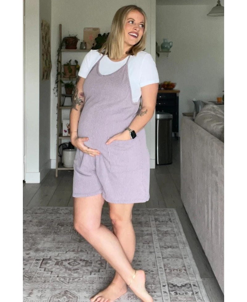 Pinkblush Maternity Purple Solid Ribbed V-Neck Sleeveless Front Pocket Romper