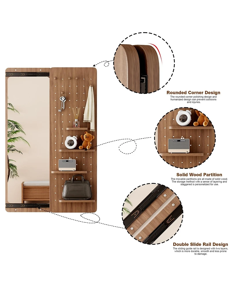 Phying Walnut Multi Functional Design Panel Wall Mounted Full Length Mirror Space Saving Can Be Pushed and Pulled for Bedroom Living Room Entrance