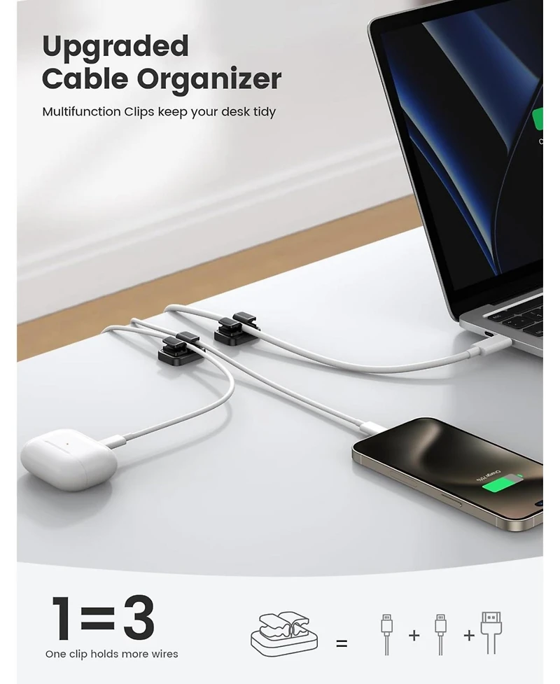 Lamicall 3-in-1 Small Clips for Desk Cable Management, Adhesive Adjustable Holder Charger Wire, Usb Cord