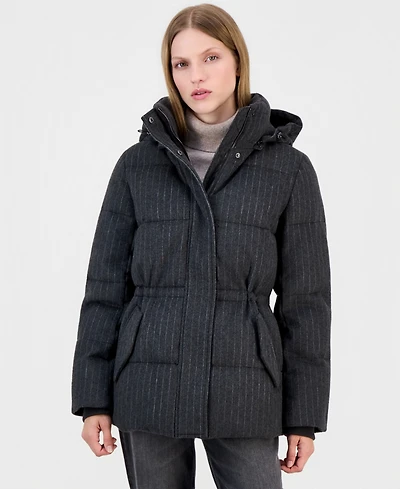 Calvin Klein Women's Pinstripe Quilted Hooded Puffer Coat
