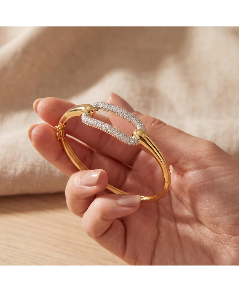 Genevive Sterling Silver 14k Yellow Gold Plated with Cubic Zirconia French Pave Geometric Link Bangle Bracelet