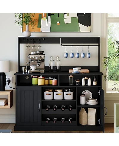gaomon 47'' Farmhouse Coffee Bar Cabinet with Charging Station & Wine Racks, Rustic Wood Buffet for Dining & Living Room