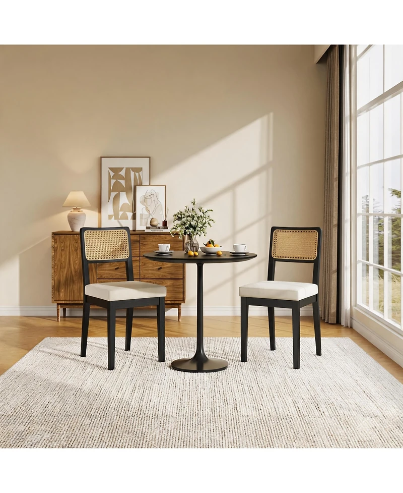 homfan Modern Armless Rattan Dining Chairs, Set of 2 – Upholstered Linen Seat, Sturdy Wood Frame, Breathable Rattan Backrest – Ideal for Kitchen