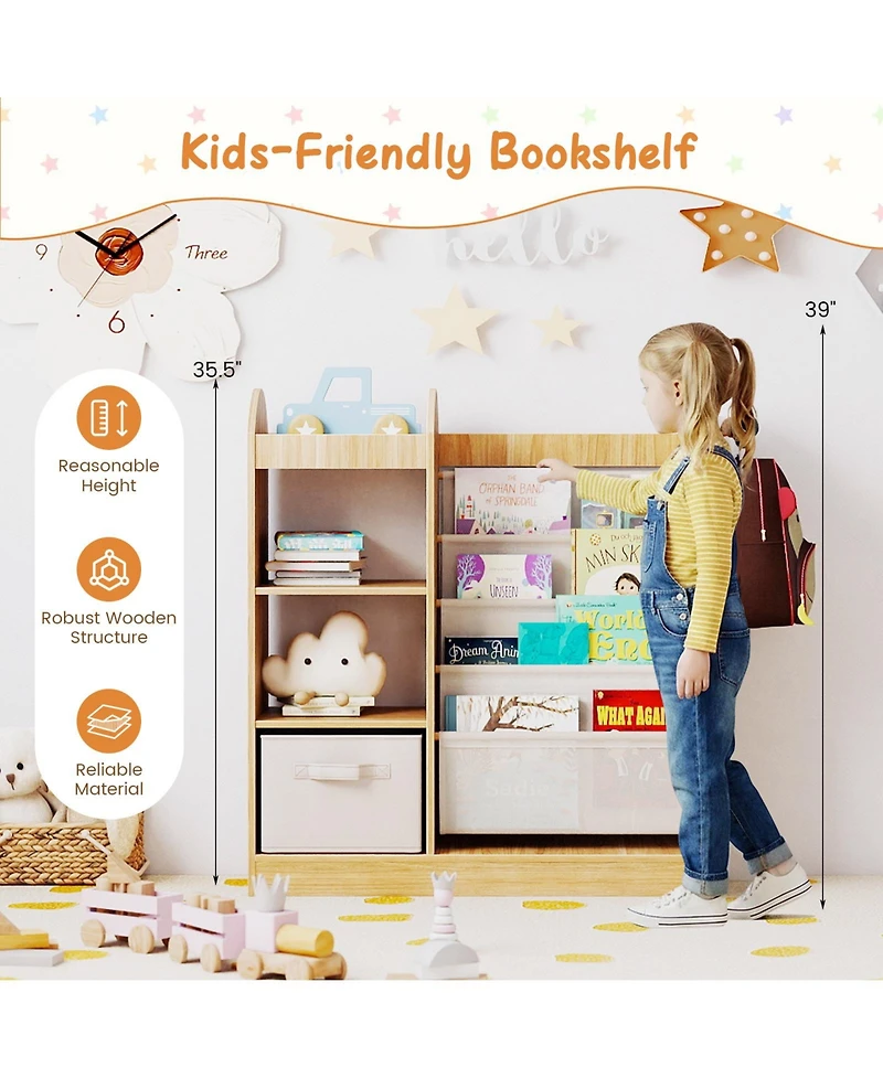 Gymax Kids Bookshelf with Full-Length Mirror 4-Tier Sling Shelves and Fabric Drawer
