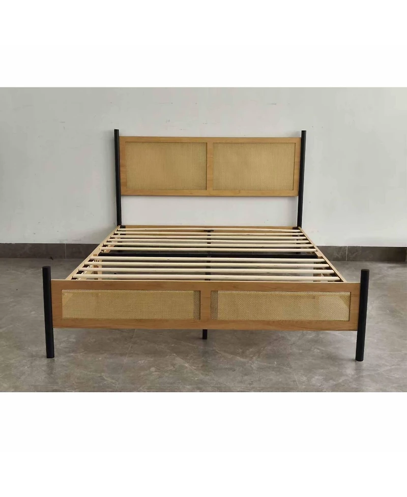 Homfan Bed Frame with Rattan Headboard, Sturdy Wooden Slats