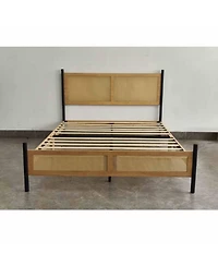 Homfan Bed Frame with Rattan Headboard, Sturdy Wooden Slats