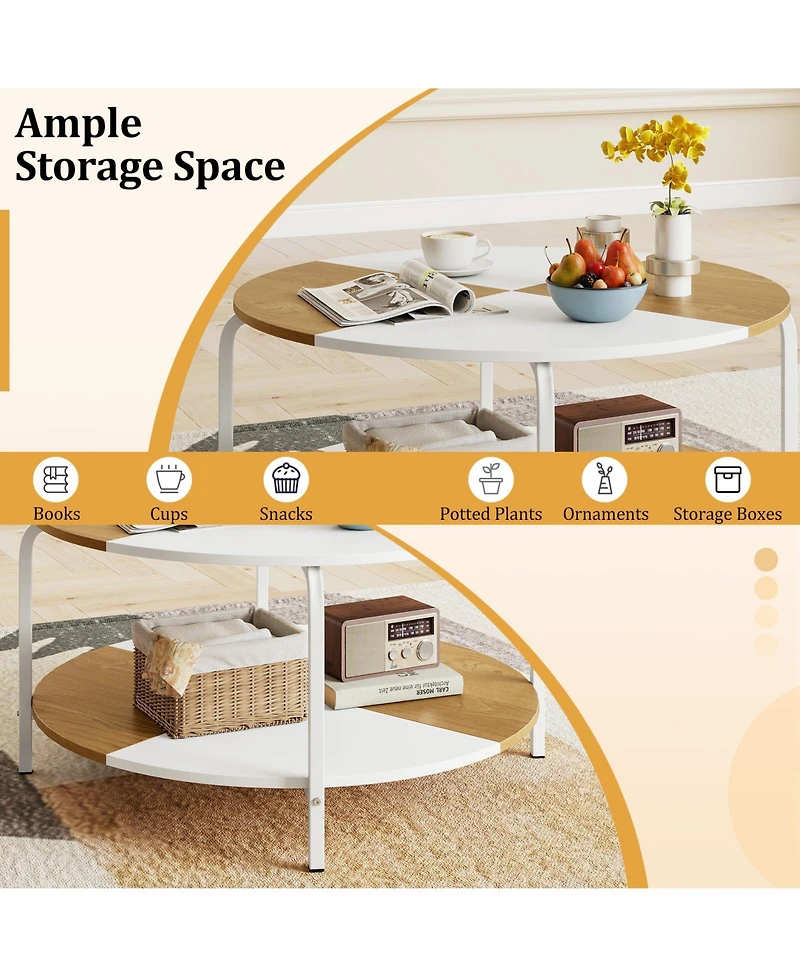 Gymax 2-Tier Round Coffee Table With Storage Shelf Metal Frame for Living Room Apartment