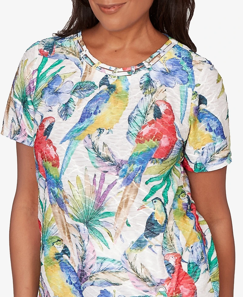 Alfred Dunner Petite Parrot Tropical Beaded Neck Top