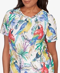 Alfred Dunner Petite Parrot Tropical Beaded Neck Top