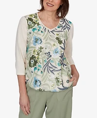 Alfred Dunner Petite Indigo Girls Sequined Floral Mesh Overlay Knit Top