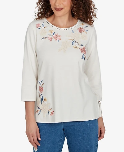 Alfred Dunner Petite Camden Market Crochet Embroidered Floral Knit Top