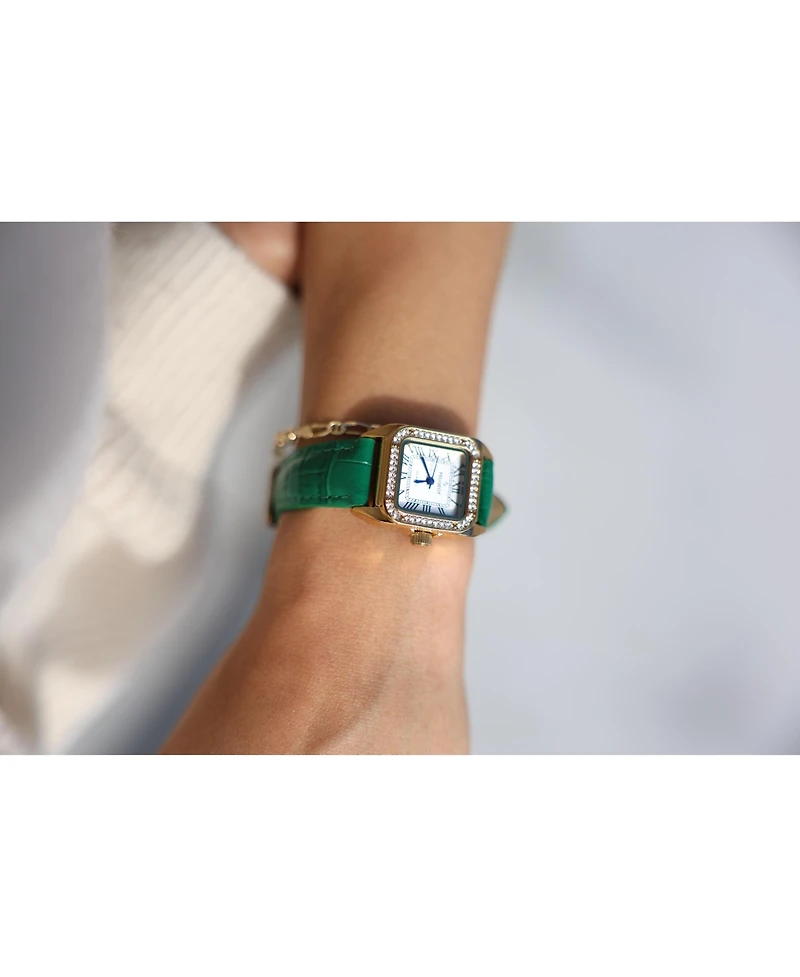 Peugeot Women's Tank Watch with Crystal Bezel Leather Strap