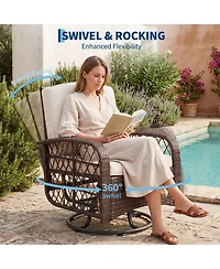 homfan 3-Piece Wicker Patio Swivel Rocker Chair Set - Outdoor Conversation Furniture with 360degree(s) Swivel, Thick Cushions, High Backrest