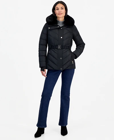 Michael Kors Women's Belted Hooded Faux Fur Collar Puffer Coat