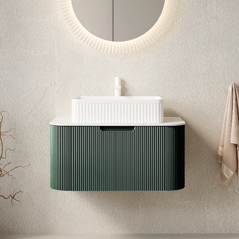 Sillysis Light Green Wall Mounted Bathroom Vanity with Ceramic Sink, Plywood Cabinet, Soft Close Striped Drawer, Pre-assembled