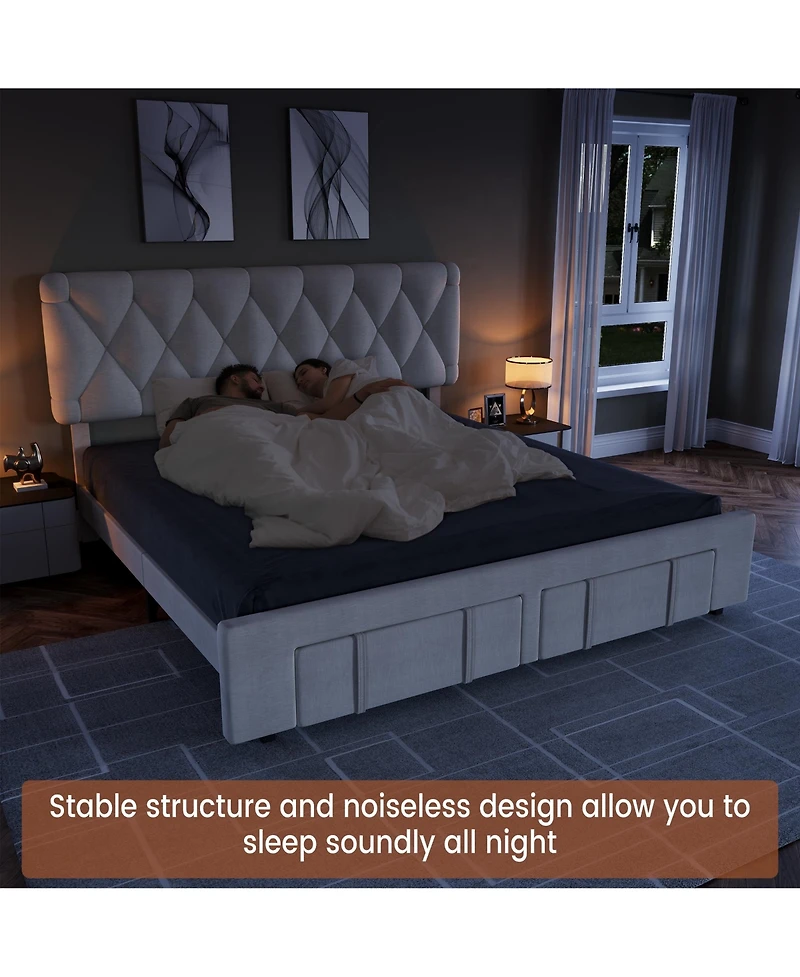 Homfan upholstered platform bed with padded headboard, wood slats, and 2 storage drawers-no box spring needed, twin or queen.