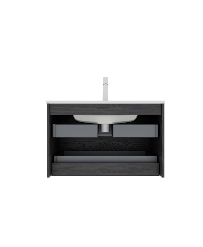Sillysis 30 Inch Wall-Mounted Bathroom Vanity with Ceramic Sink, 2 Soft Close Drawers, Modern Black Plywood Storage Cabinet