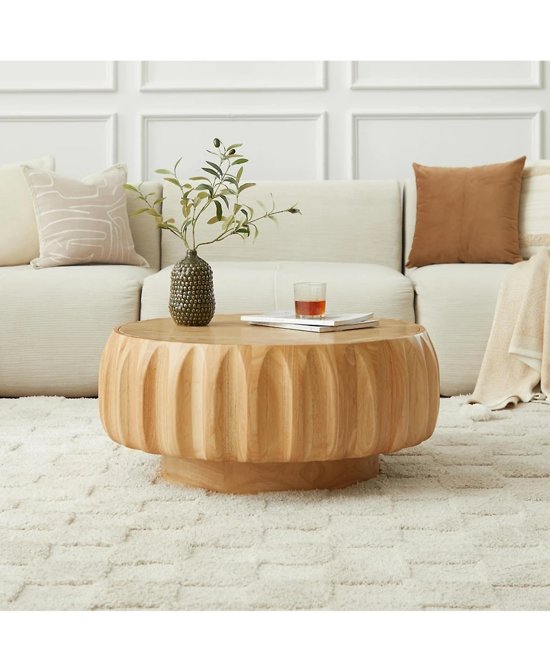 Boyel Living Round Solid Wood Carved Coffee Table with Elegant Sculptural Design
