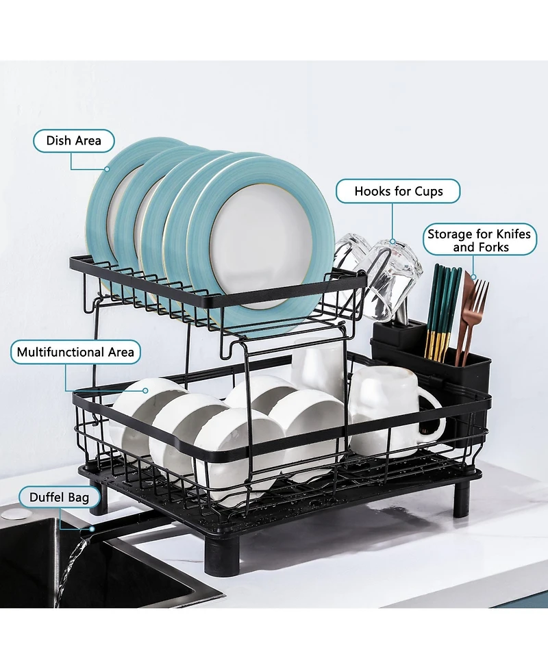 Sugift 2-Tier Detachable Dish Drying Rack Stainless Steel Rack with Cutlery Box and Cup Holder