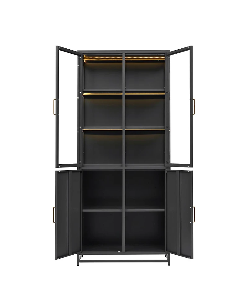 Streamdale Furniture 76.75 Inch Tall Glass Display Cabinet with Led Lights and Steel Frame