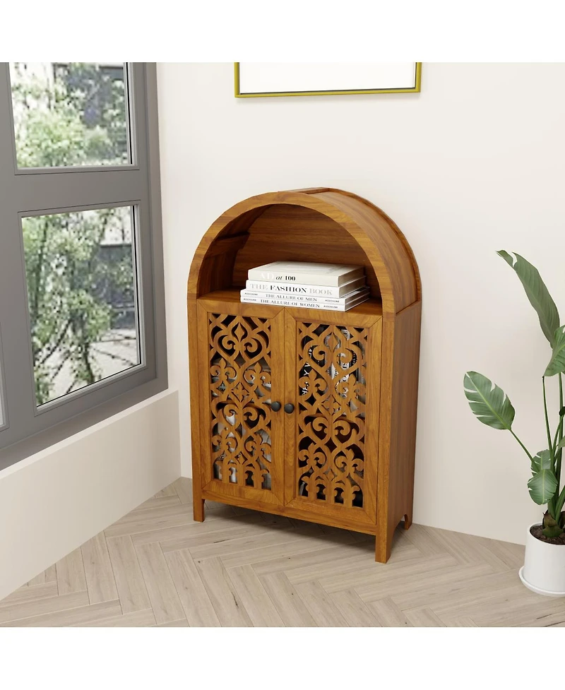 Streamdale Furniture Hand-Carved Solid Wood Arched Storage Cabinet with Open Shelf