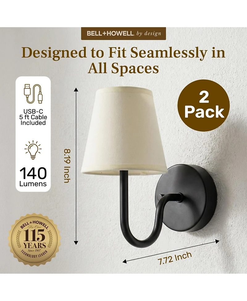 Bell + Howell Set of 2 Modern Fabric Shade Dimmable Led Rechargeable Cordless Touch Control Lights Wall Sconces
