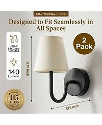 Bell + Howell Set of 2 Modern Fabric Shade Dimmable Led Rechargeable Cordless Touch Control Lights Wall Sconces