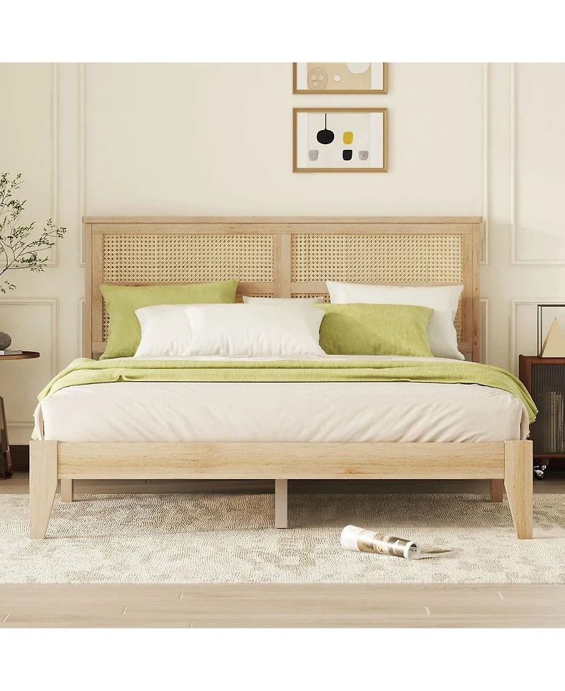 Clihome Queen Size Rubber Wooden, Solid Wooden Bed with Rattan Headboard, Enhanced by Support Feet